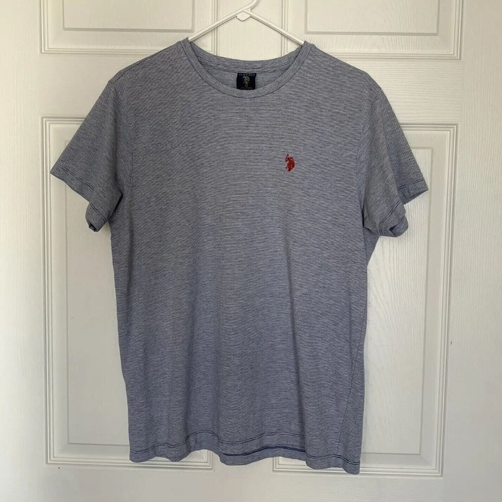 US Polo Assn Tshirt Men Medium Blue Stripe Crew Neck Casual Red Logo